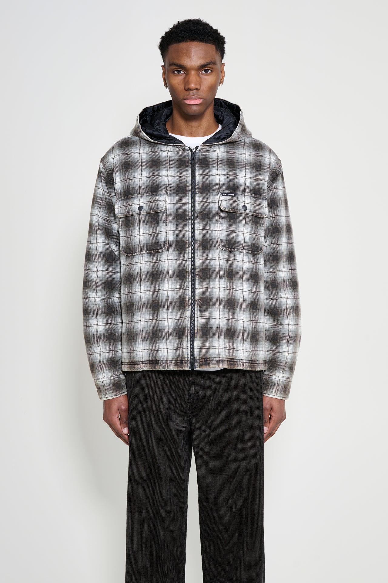 Stüssy Zip Hooded Plaid Shirt Charcoal 2